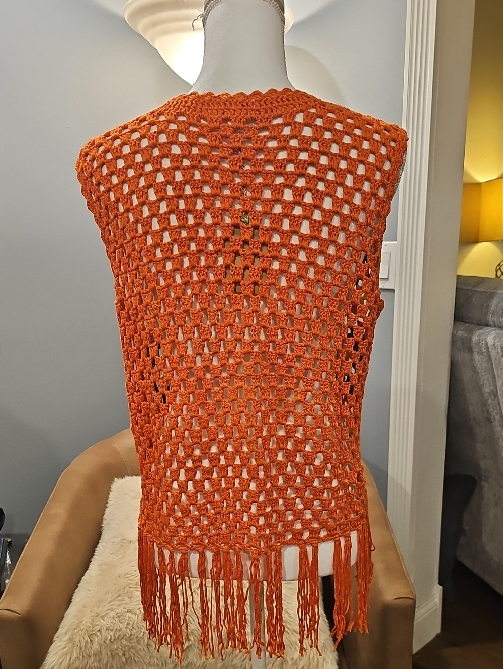 Umgee Orange Crochet Fringe Vest with Multicolor Squares L NWT - Picture 7 of 11